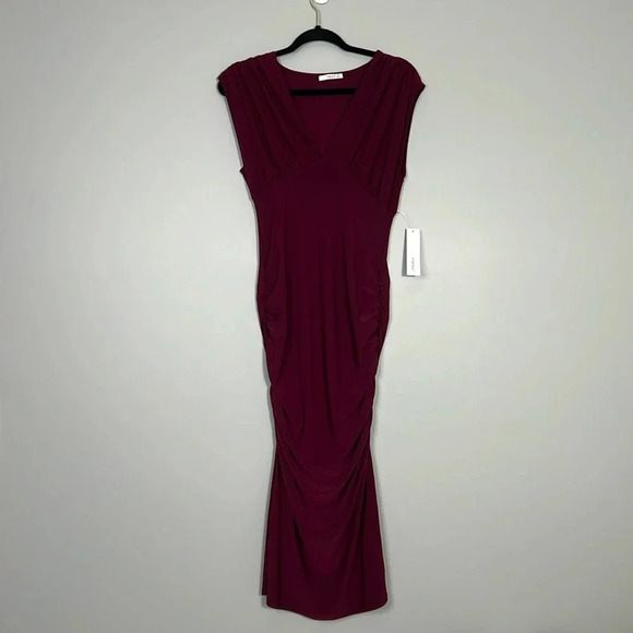 Timing Dark Boysenberry Bodycon Midi Dress - Size Medium - NWT - Deep V Neck - Picture 3 of 11